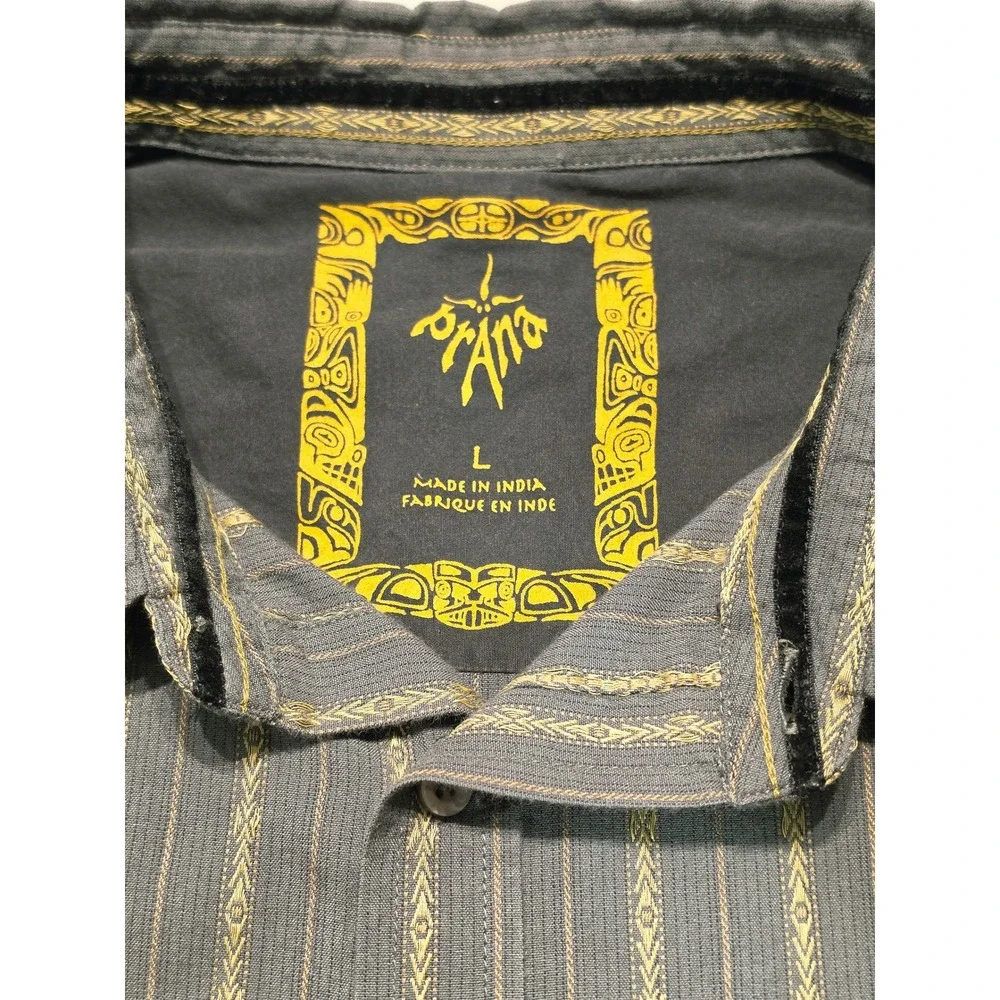 prAna Button Up‎ Shirt Men's Large Gray Gold Striped Organic Cotton Long Sleeve